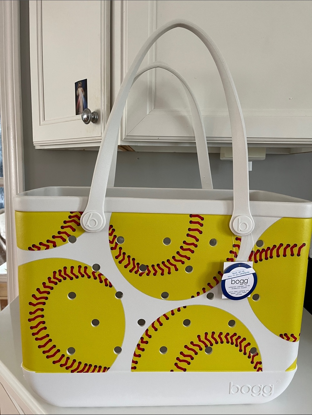 BOGG BAG Yellow Softball Print Tote with White Handles